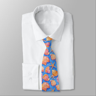 Bold Nautical Shell Starfish Orange Magenta Blue Neck Tie