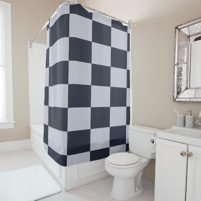 Bold Navy and Grey Checkered Rectangles Shower Curtain (In Situ)