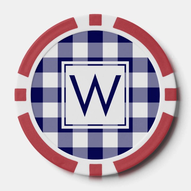 Bold Navy and White Buffalo Plaid with Monogram Poker Chips (Front)