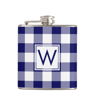 Bold Navy and White Plaid Pattern with Monogram Flask