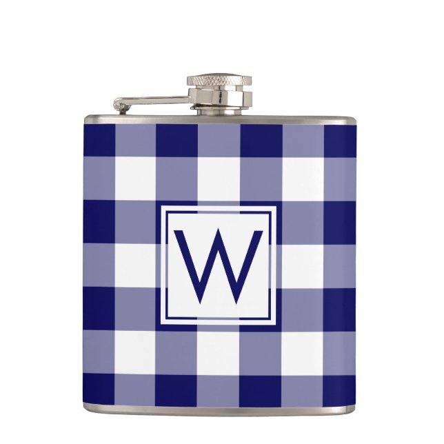 Bold Navy and White Plaid Pattern with Monogram Flask (Front)