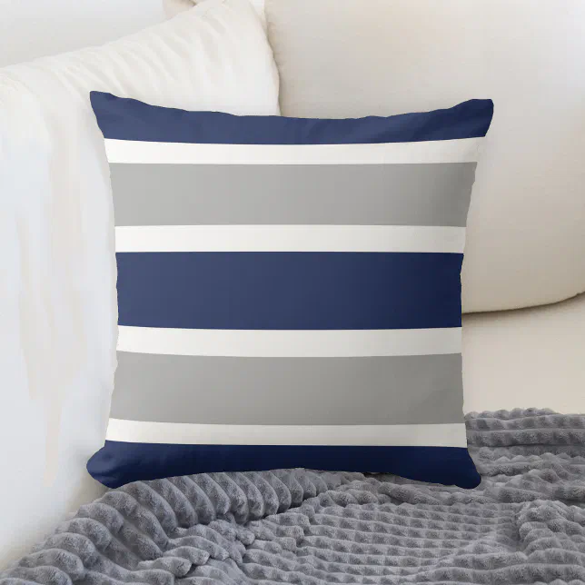 Bold Navy Blue and Gray Stripes Design Throw Pillow | Zazzle