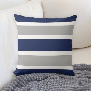 Bold Navy Blue and Gray Stripes Design Throw Pillow