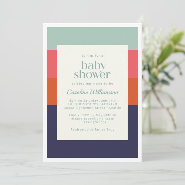 Bold Navy Blue and Red Stripes Chic Baby Shower Invitation (Standing Front)