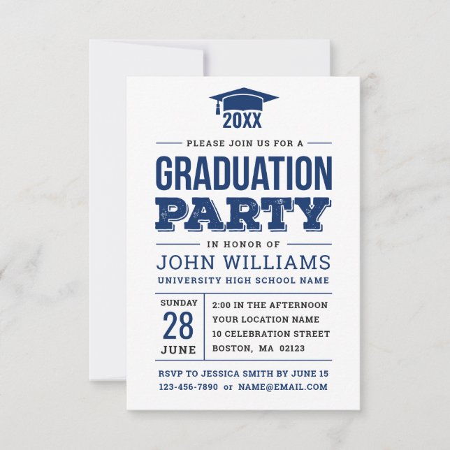 Bold Navy Blue and White Photo Graduation Party Invitation (Front)