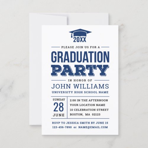 Bold Navy Blue and White Photo Graduation Party Invitation