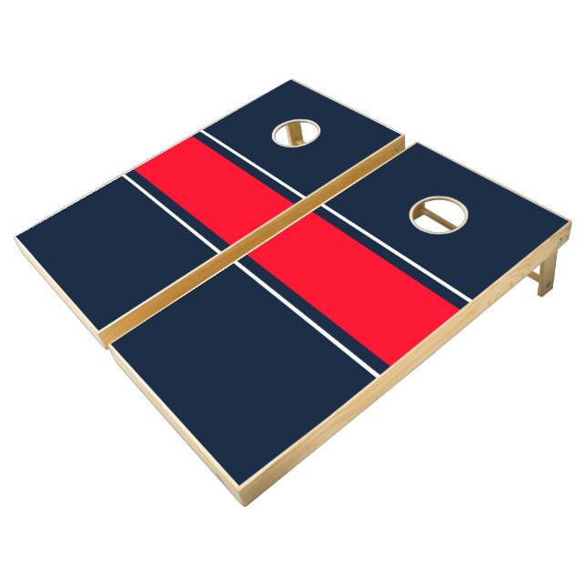 Bold Navy Blue Bright Red White Racing Stripes Cornhole Set (Angled)