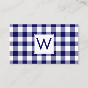 Bold Navy Blue Buffalo Plaid Pattern Monogram Business Card