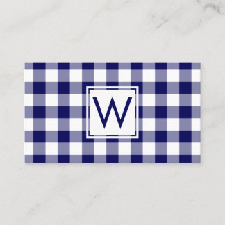 Bold Navy Blue Buffalo Plaid Pattern Monogram Business Card