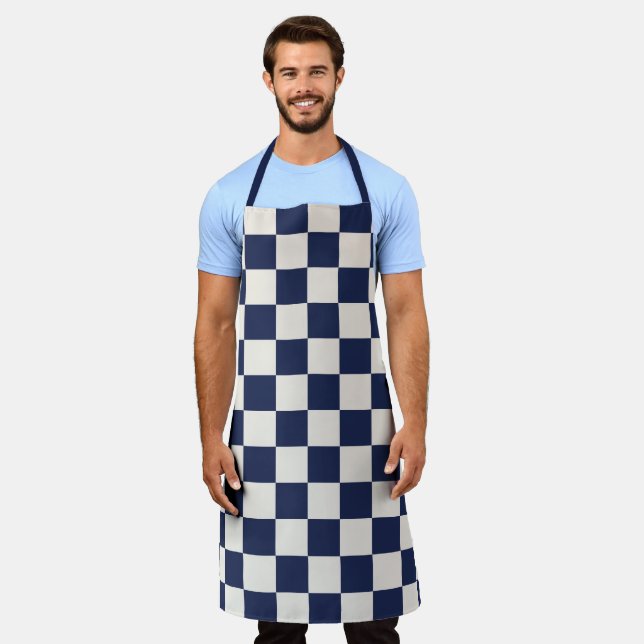 Bold Navy Blue Cream Checkered Pattern Apron (Worn)