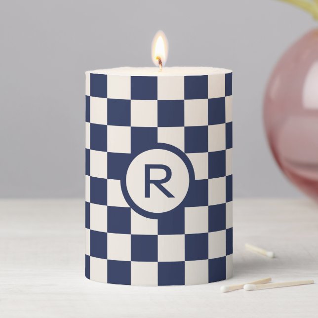 Bold Navy Blue Cream Checkered Pattern Monogram Pillar Candle (In Situ)