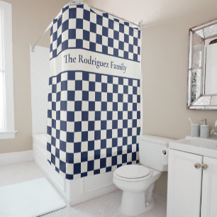 Bold Navy Blue Cream Checkered Pattern with Name Shower Curtain