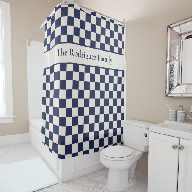 Bold Navy Blue Cream Checkered Pattern with Name Shower Curtain (In Situ)
