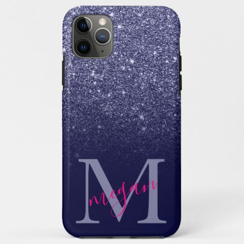 Bold navy blue glitter ombre pink monogrammed iPhone 11 pro max case