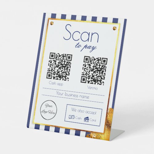 bold navy blue gold 2 QR code business scan to pay Pedestal Sign