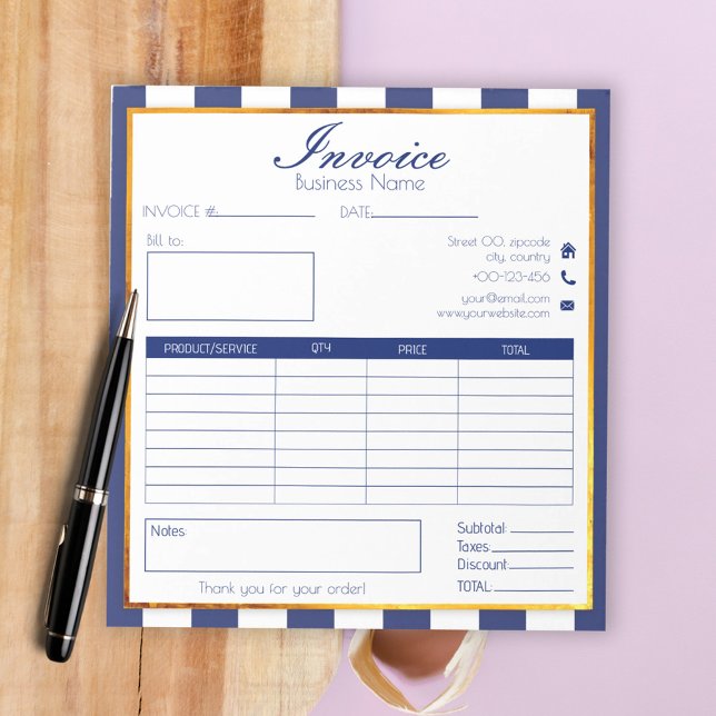bold navy blue gold easy small business invoice  notepad (Creator Uploaded)