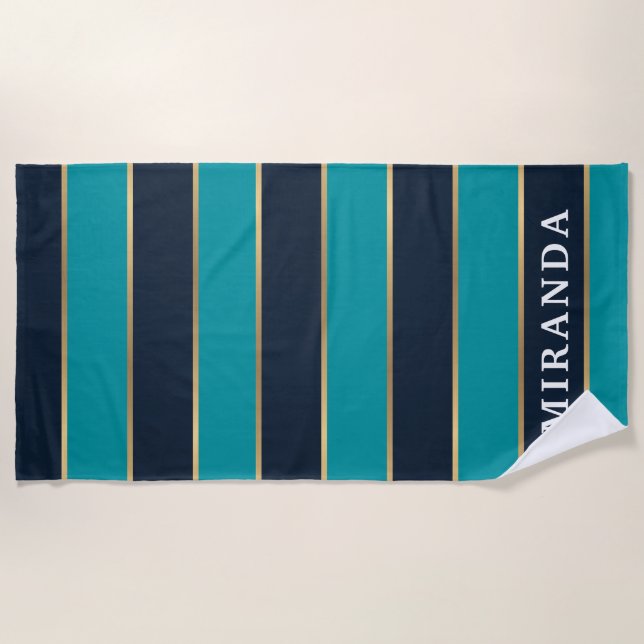 Bold Navy Blue Gold Stripe Pattern Beach Towel (Front)