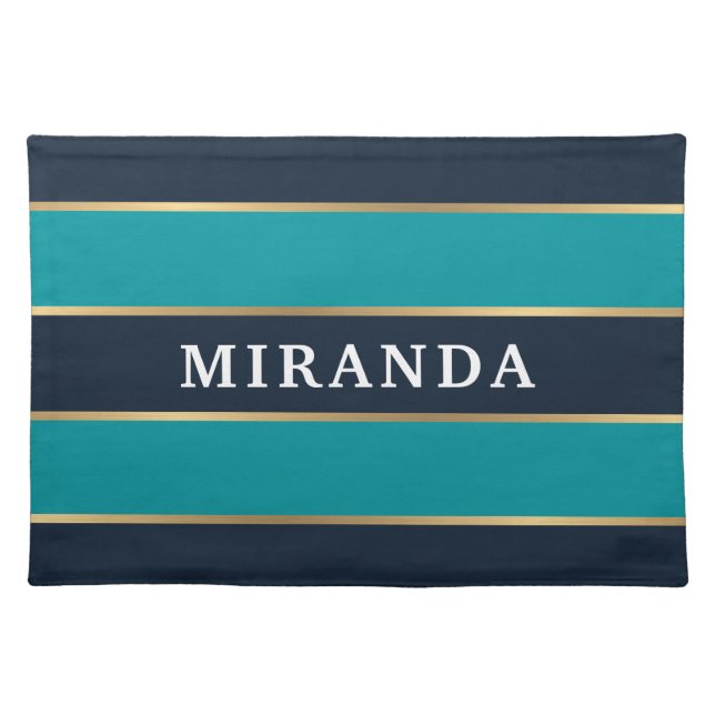 Bold Navy Blue Gold Stripe Pattern Cloth Placemat (Front)