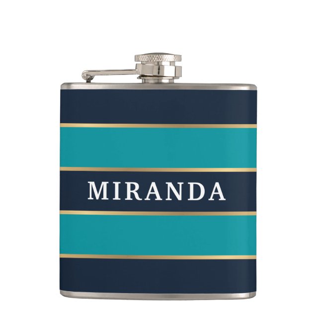 Bold Navy Blue Gold Stripe Pattern Flask (Front)