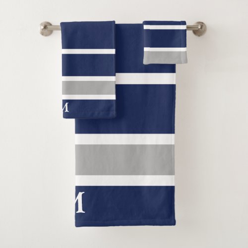 Bold Navy Blue Gray Monogram Bath Towel Set