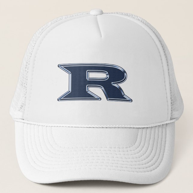 Bold Navy Blue Letter R Monogram Initial Trucker Hat (Front)