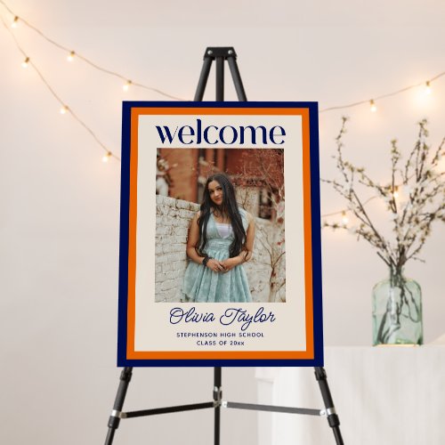 Bold Navy Blue Orange Welcome Graduation Photo Foam Board