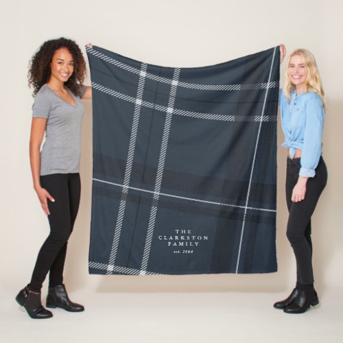 Bold navy blue plaid personalized family fleece blanket