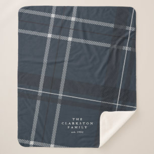 Bold navy blue plaid personalized family sherpa blanket