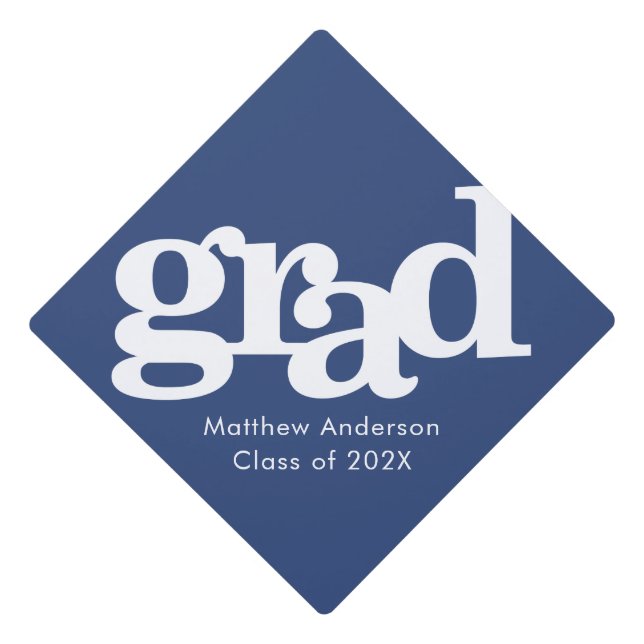 Bold navy blue simple modern graphic typography graduation cap topper (Front)
