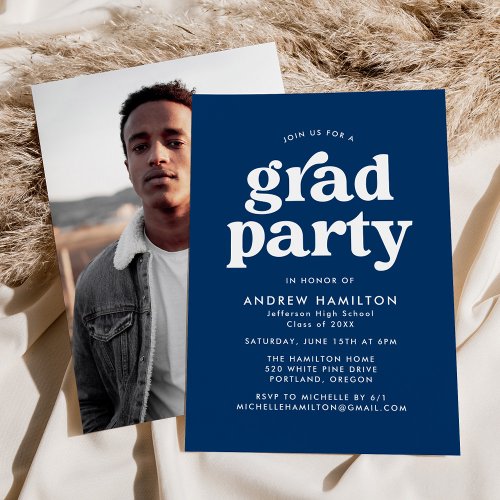 Bold Navy Blue Typography Photo Graduation Party Invitation