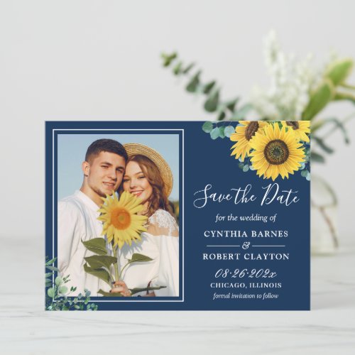Bold Navy Blue Yellow Sunflower Photo Wedding Save The Date - Bold Navy Blue Yellow Sunflower Photo Wedding Save the Date Card. 
(1) For further customization, please click the "customize further" link and use our design tool to modify this template. 
(2) If you prefer Thicker papers / Matte Finish, you may consider to choose the Matte Paper Type.