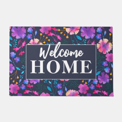 Bold Navy Floral Pattern Welcome Home  Doormat