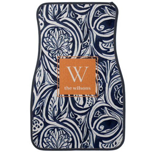 Bold Navy Rust Abstract Classy Botanical Monogram Car Floor Mat