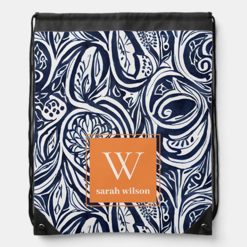 Bold Navy Rust Abstract Classy Botanical Monogram Drawstring Bag