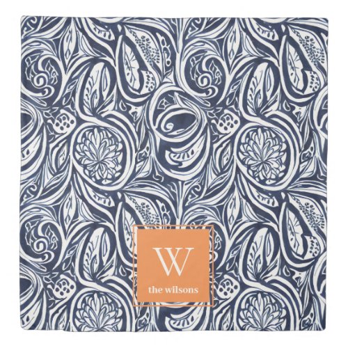 Bold Navy Rust Abstract Classy Botanical Monogram Duvet Cover