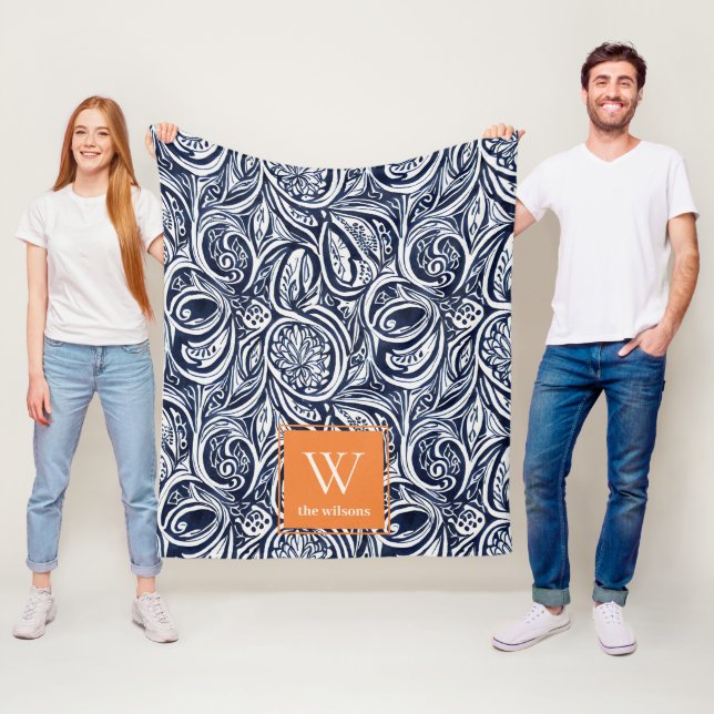 Bold Navy Rust Abstract Classy Botanical Monogram Fleece Blanket (In Situ)