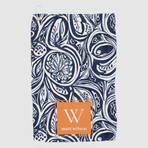 Bold Navy Rust Abstract Classy Botanical Monogram Golf Towel