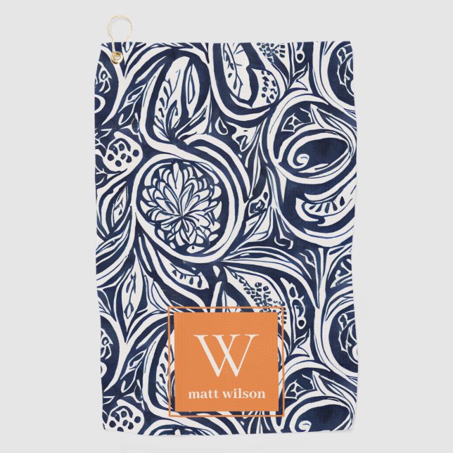 Bold Navy Rust Abstract Classy Botanical Monogram Golf Towel (Front)