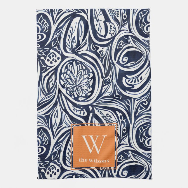 Bold Navy Rust Abstract Classy Botanical Monogram Kitchen Towel (Vertical)