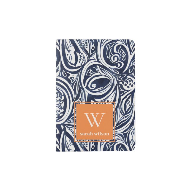 Bold Navy Rust Abstract Classy Botanical Monogram Passport Holder (Front)