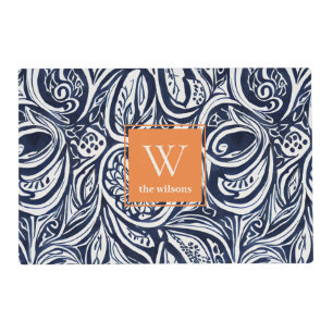 Bold Navy Rust Abstract Classy Botanical Monogram Placemat