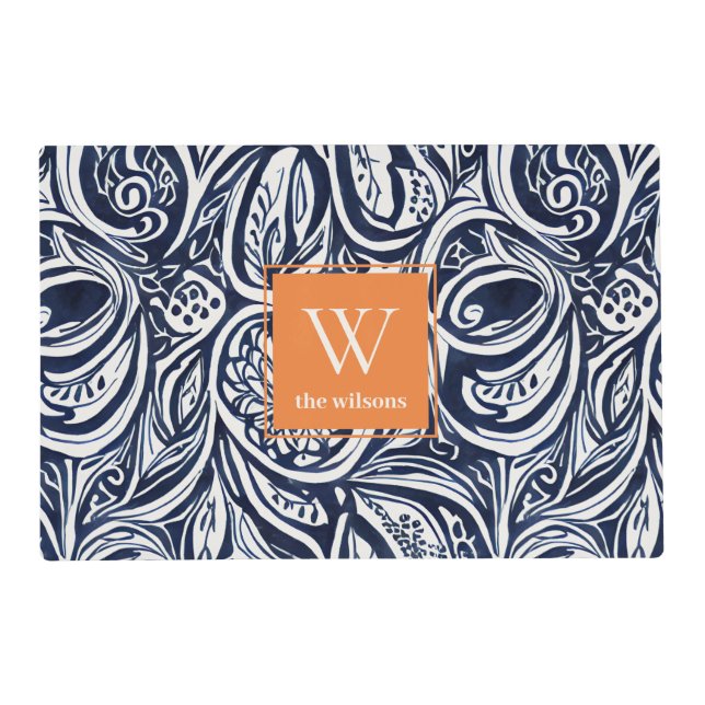Bold Navy Rust Abstract Classy Botanical Monogram Placemat (Front)