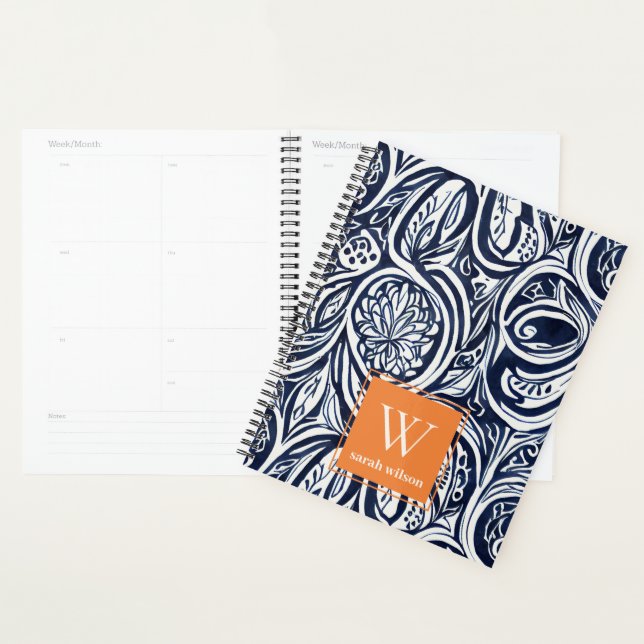Bold Navy Rust Abstract Classy Botanical Monogram Planner (Display)