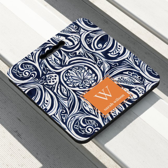 Bold Navy Rust Abstract Classy Botanical Monogram Seat Cushion (In Situ)