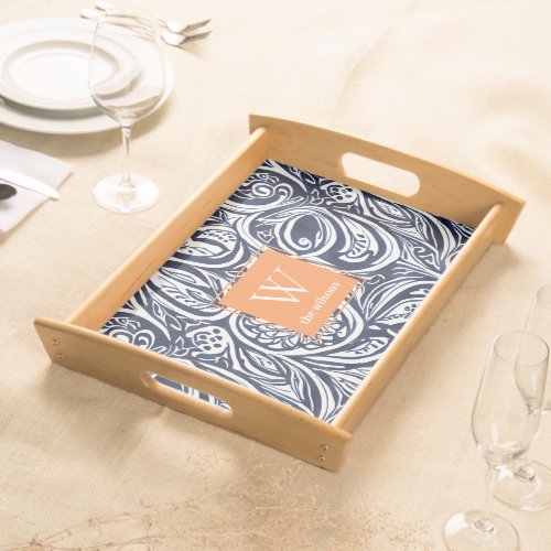 Bold Navy Rust Abstract Classy Botanical Monogram Serving Tray
