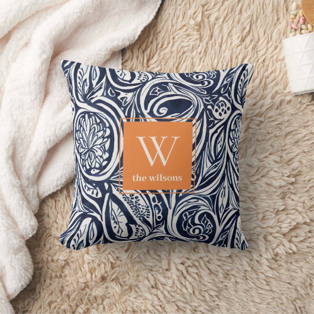 Bold Navy Rust Abstract Classy Botanical Monogram Throw Pillow (Blanket)