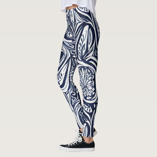 Bold Navy Rust Abstract Classy Botanical Pattern Leggings (Left)