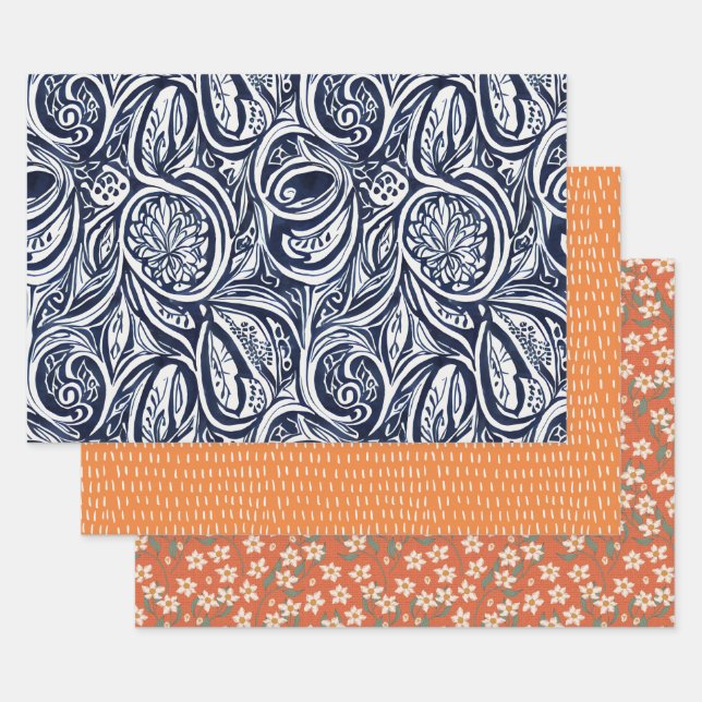 Bold Navy Rust Abstract Classy Botanical Pattern Wrapping Paper Sheets (Set)