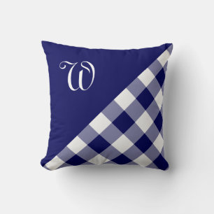 Bold Navy White Gingham Plaid Pattern Monogram Throw Pillow