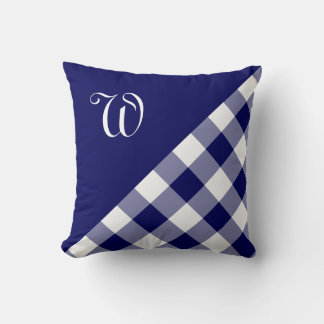 Bold Navy White Gingham Plaid Pattern Monogram Throw Pillow